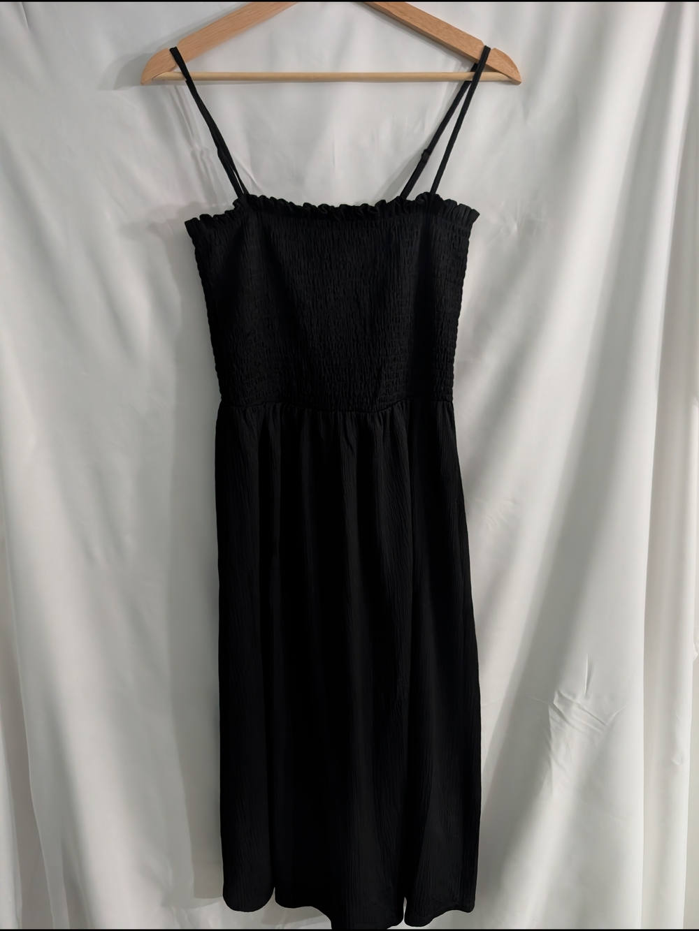 H&M Black Smocked Midi Dress with Spaghetti Straps
